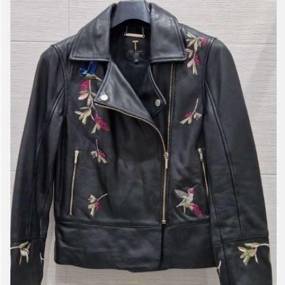Ted Baker Black Leather Jacket with Floral Embroidery Size 3 equals US Size 8 - Picture 4 of 10